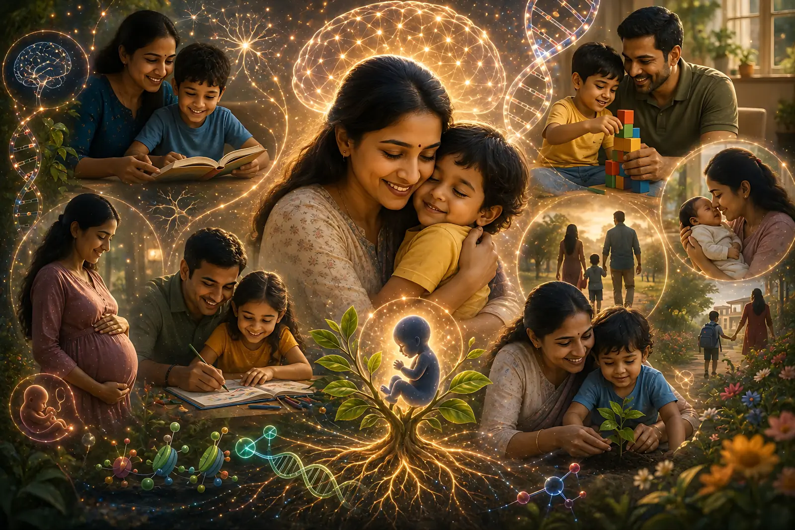 Indian parents nurturing their children  a mother and child embracing, families reading together, and parents supporting early childhood development.